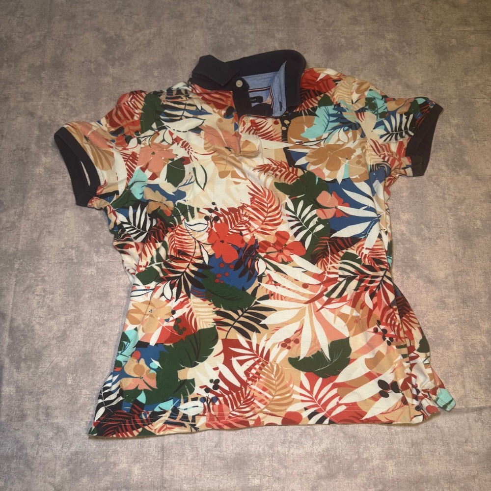 Tommy Hilfiger Mens Medium Custom Fit Tropical Floral Leaf Print Polo Shirt